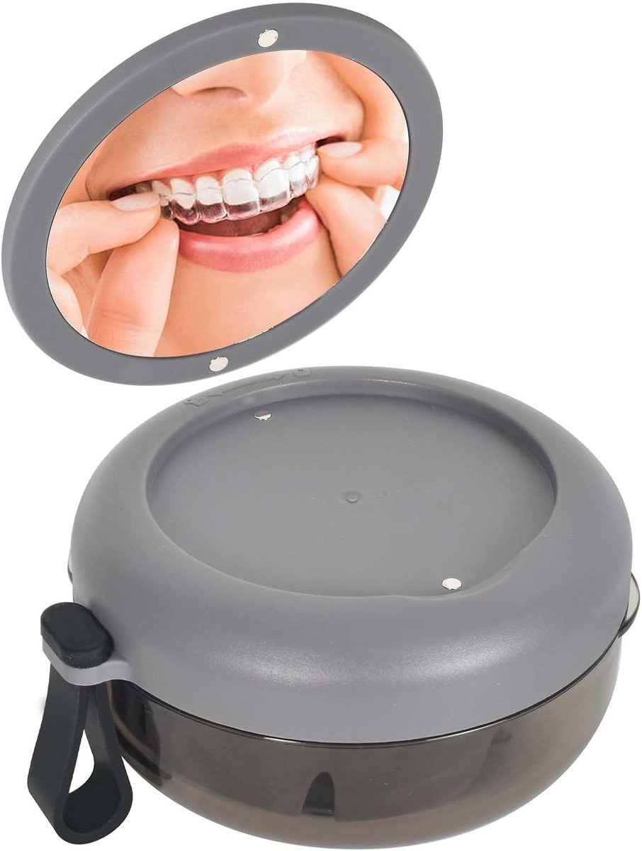Draagbare Doos voor Tandprotheses met Spiegel, Houder voor Orthodontische Apparaten en Mandje, Grijs, Ideaal voor Tandheelkundige Bescherming en Organisatie