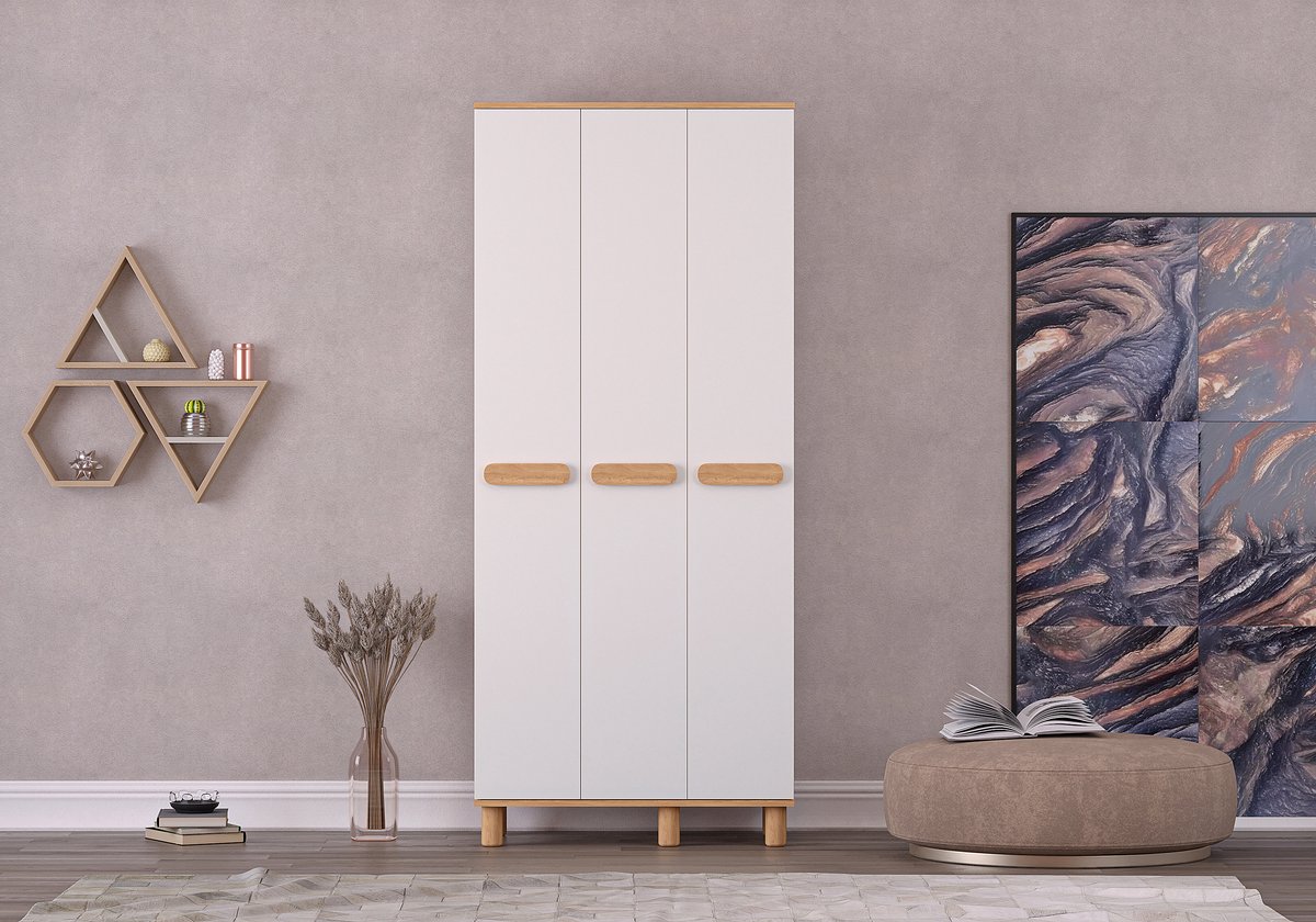 MILA MEGA KLEDINGKAST MET 3 DEUREN – WIT EIKEN – Grote Kledingkast, Opbergkast, Garderobekast, Slaapkamerkast, Ruime Opbergruimte, Moderne Kast voor Kleding, Slaapkamer en Hal, Stijlvol Design, Praktische Opbergkast – voor Extra Opbergruimte