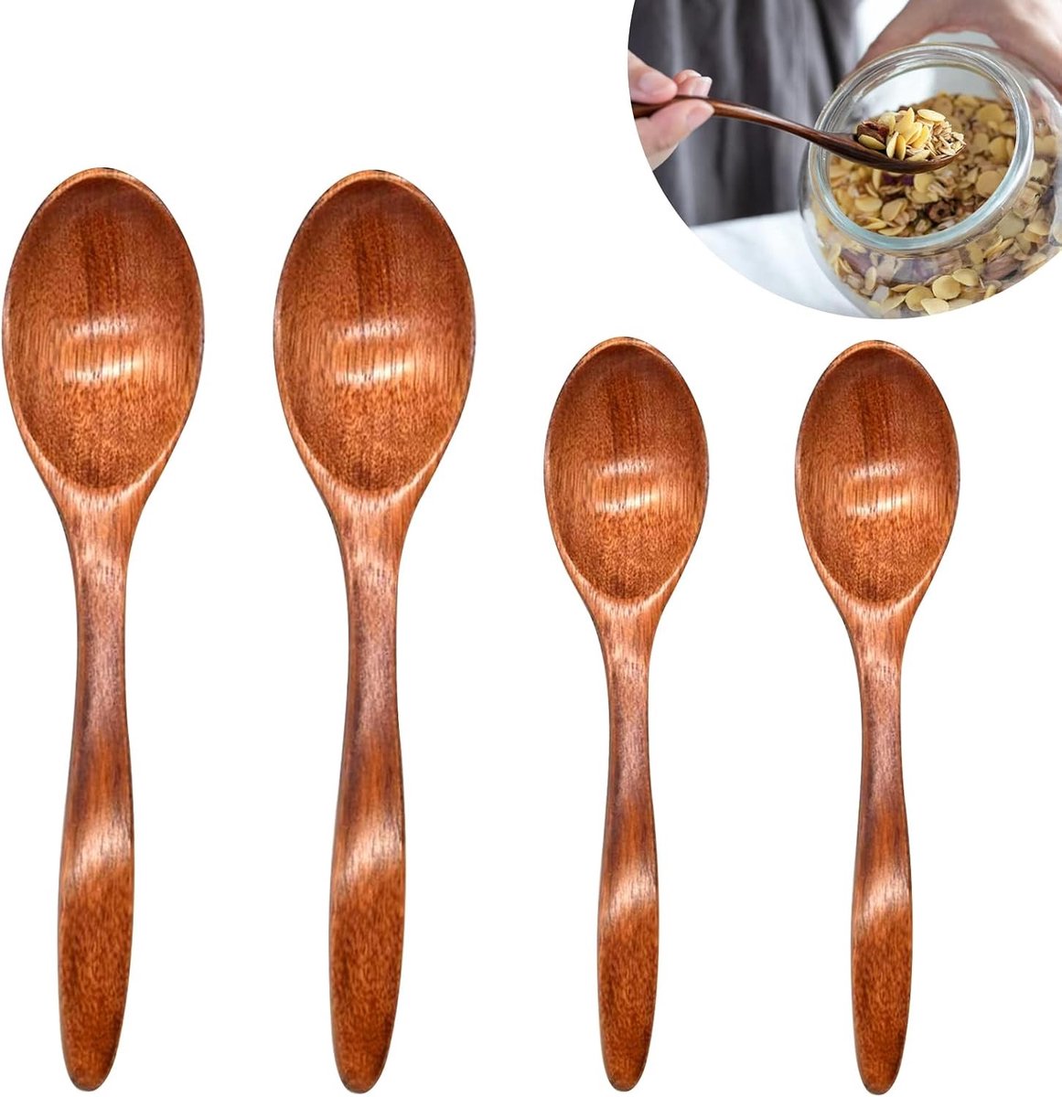 Set van 4 Kleine Handgemaakte Houten Lepels voor Thee, Koffie, Honing en Specerijen (2 x 14 cm + 2 x 18 cm) - Perfect voor Koken en Serveren