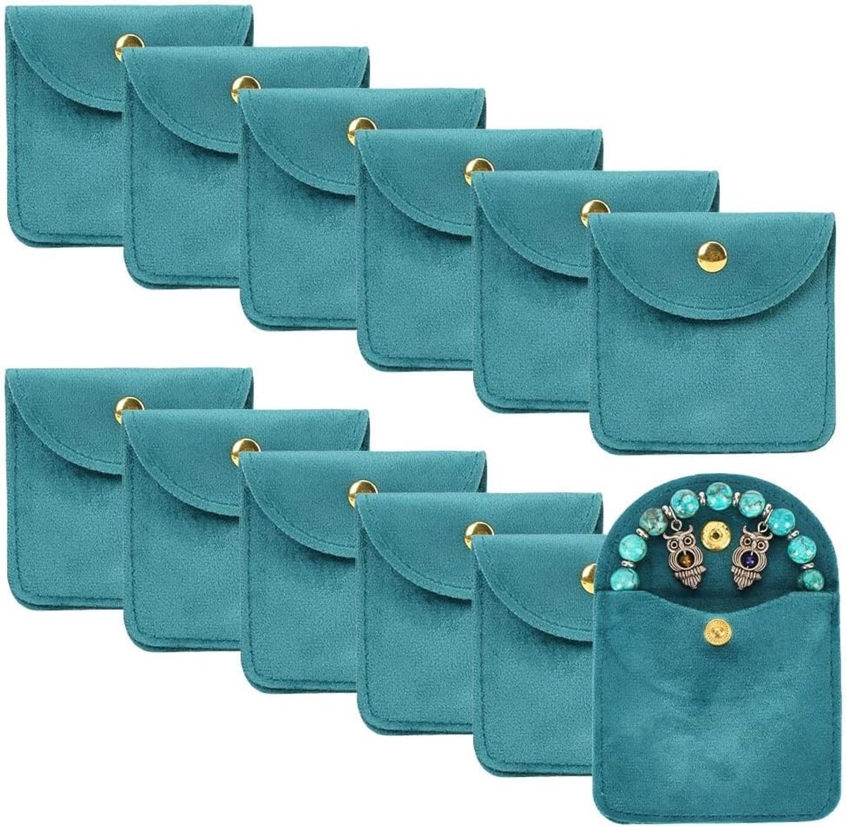 12 Stuks Zachte Velours Sieraden Pouches in Teal - Handige Opbergzakken voor Ringen, Kettingen en Oorbellen met Drukknoop - 8x8cm Sieraden Organizer
