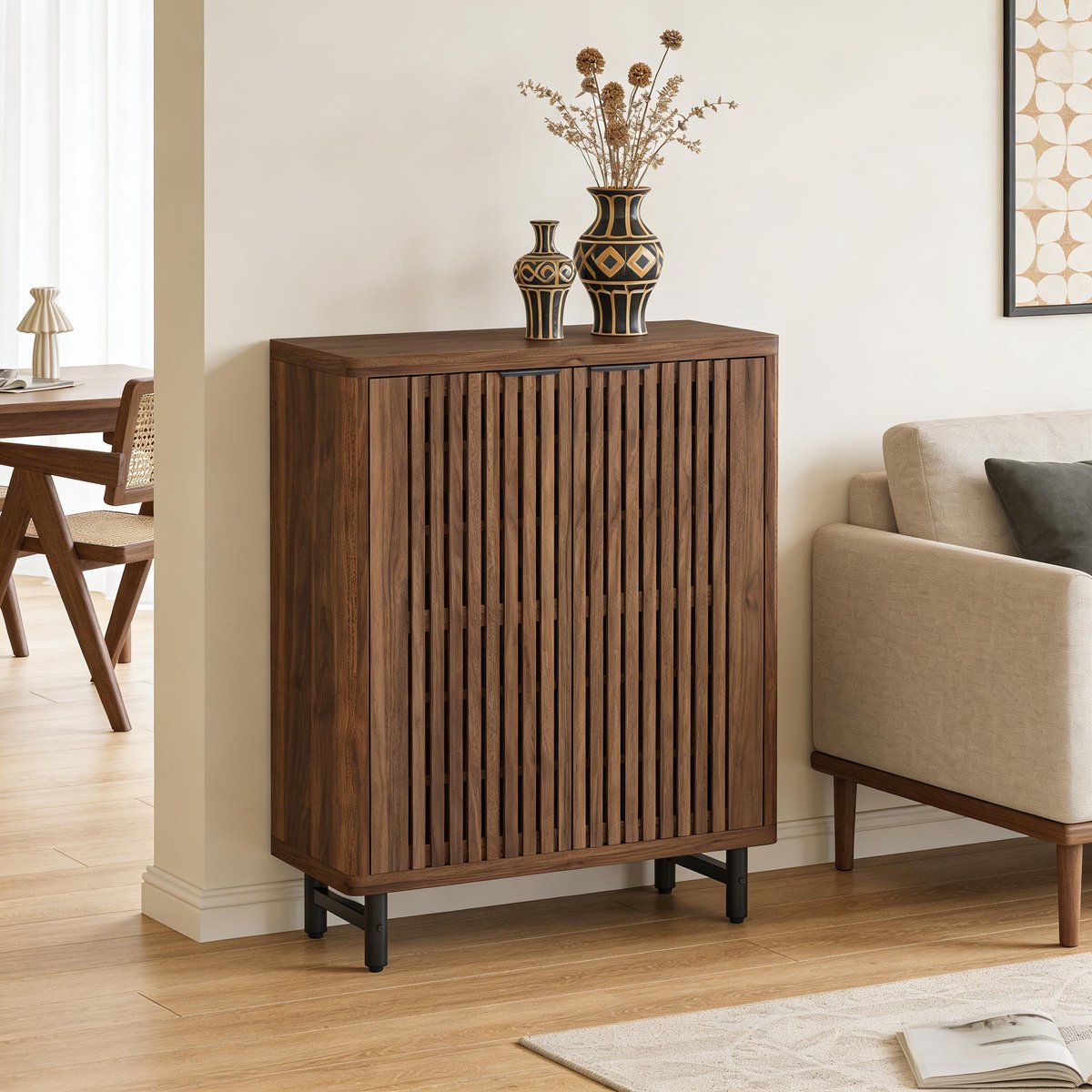 REDOM - Schoenenkast - Lamellendeuren - Staand rek - Ventilatie - Moderne stijl - Hal - MDF en metaal - Donkerbruin - 85 x 35 x 110 cm