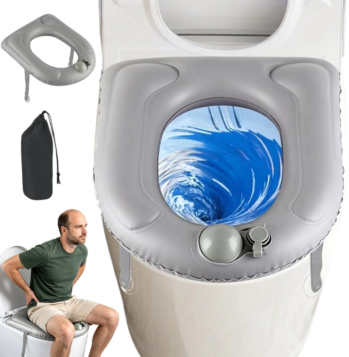 Opblaasbaar Toilet Zitkussen - Toiletbril Kussen - WC Bril - Handmatig Opblazen - Antislip Zuignappen - PVC - Zachte Zitting - 37x44 cm - Toiletverhoger - Voor Ouderen & Mindervaliden - Grijs
