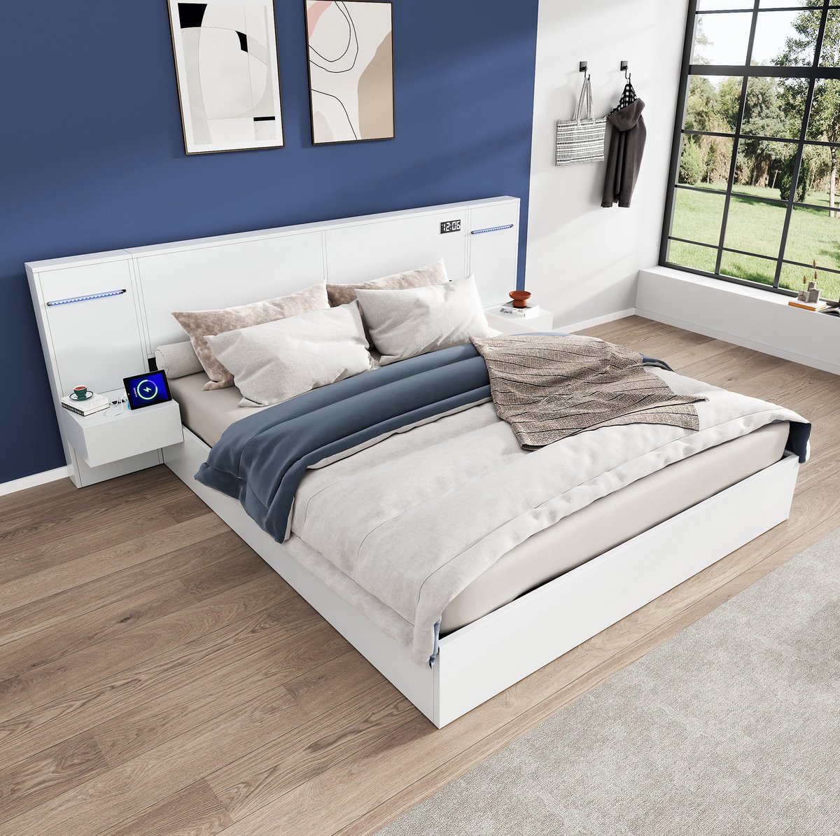 COVREO Bed met USB-poorten en klok – 160x200 cm – Dubbel bed met speaker – Frame met 2 nachttafels – Wit - zonder matras