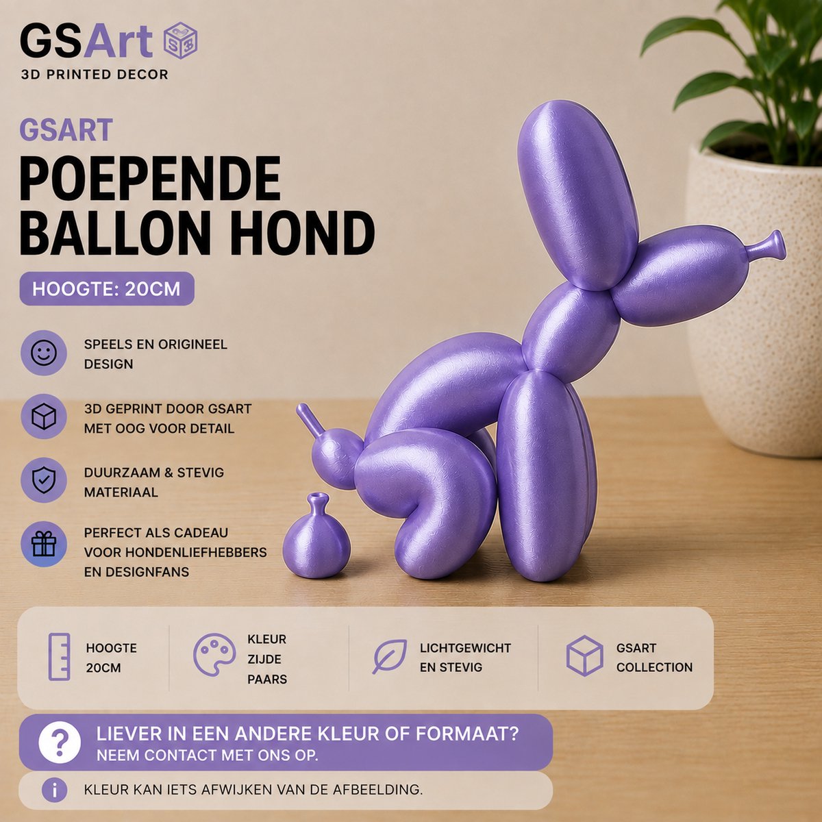 GSArt Decoratief Beeld Poepende Ballon Hond – Grappige Woondecoratie - 20cm Zijde Paars
