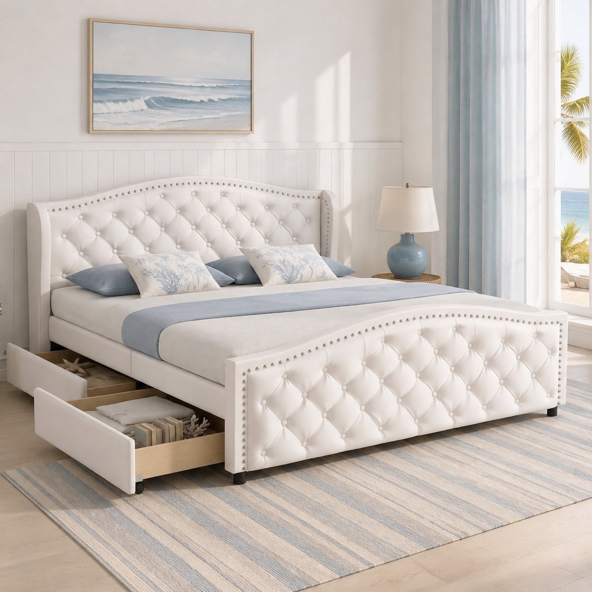 COVREO Gestoffeerd bed met lattenbodem – 140x200 cm – Tweepersoonsbed met 2 opberglades – Bed voor slaapkamer of logeerkamer – Wit - zonder matras