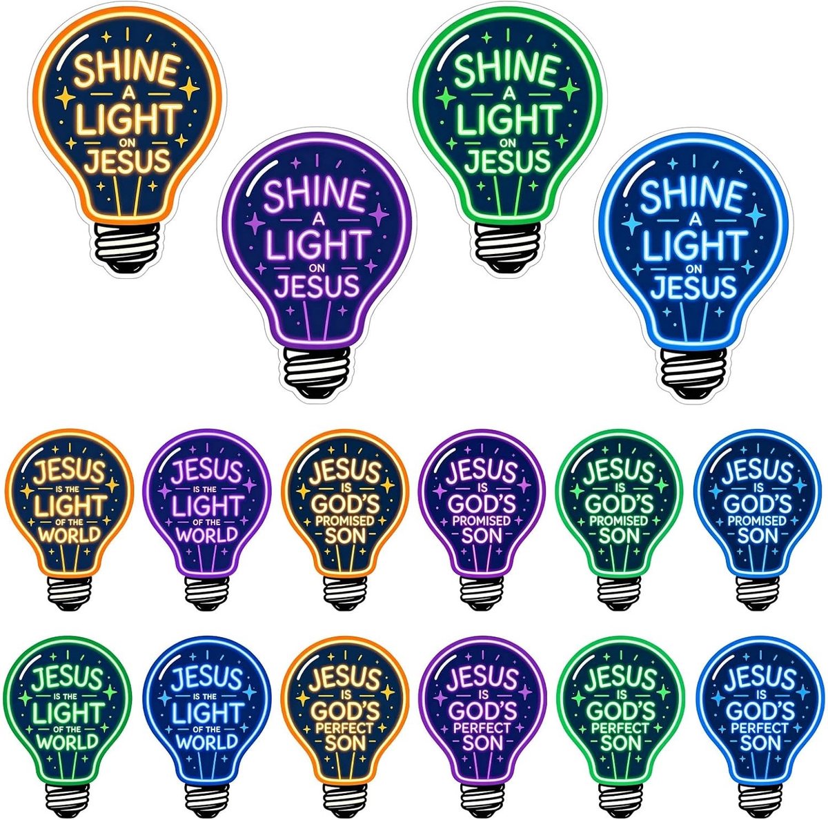 16 Stuks Gloeilamp Uitsnede Decoraties, Neon Jezus Papier Uitsnede Set Voor VBS Kerk Knutselen, Muurdecoratie en Verlichting voor Klaslokaal