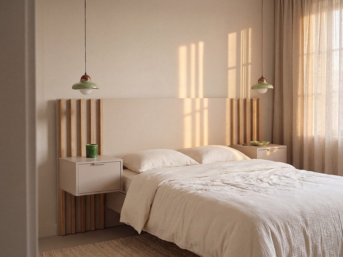 Vente-unique Hoofdbord met nachtkastjes - 260 cm - Met USB-C-poort - Beige en naturel - CORANY