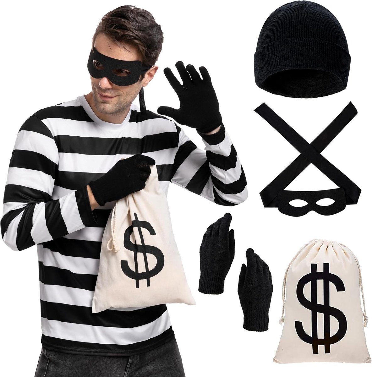 Halloween kostuumset voor volwassenen met T-shirt, handschoenen, tassen en oogmasker voor een spookachtige feestervaring