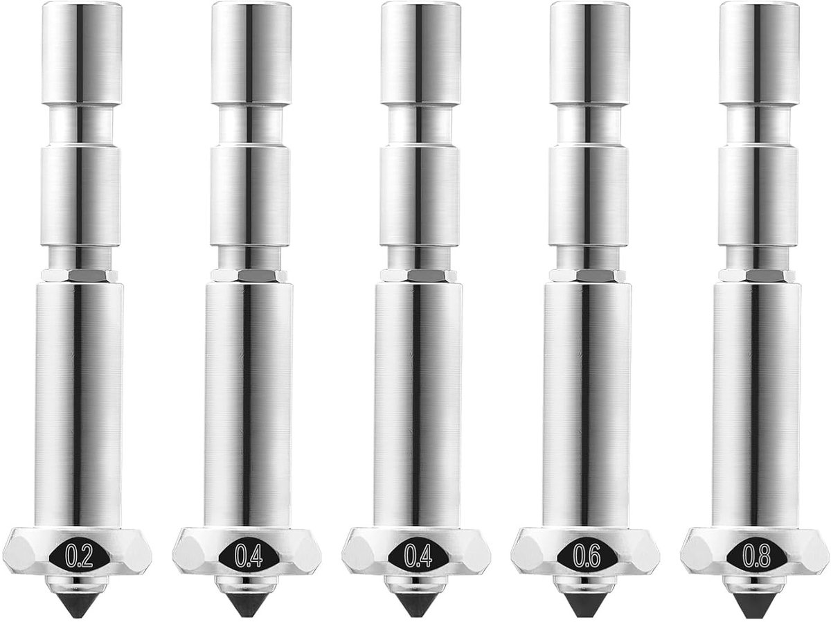 5 stuks snel verwisselbare mondstukken van gehard staal, titaniumlegering printkoppen voor 3D-printers, hittebestendig tot 300 °C, precisie 0,2/0,4/0,6/0,8 mm, hoge snelheid en duurzaamheid