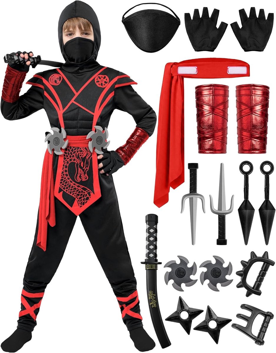 Dragon Ninja Kostuum Set met Schuim Accessoires voor Halloween, Kung Fu Outfit, Rollenspel en Verkleedkleding voor Jongens en Meisjes