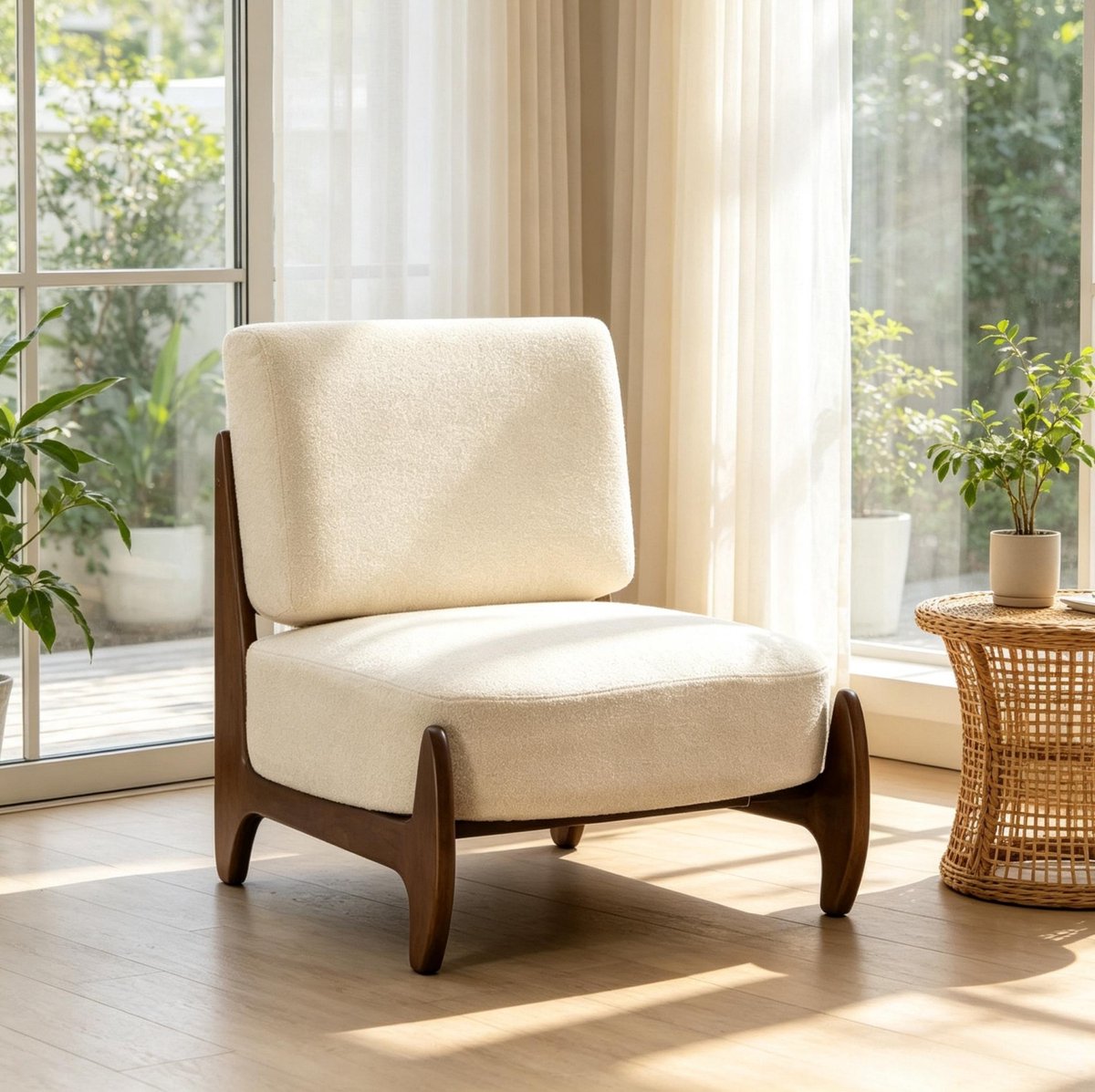 REDOM - Fauteuil - Chenille bekleding - Met armleuningen - Houten frame - Scandinavisch & Basic - Woonkamer - Crème - 72 x 73,5 x 81 cm