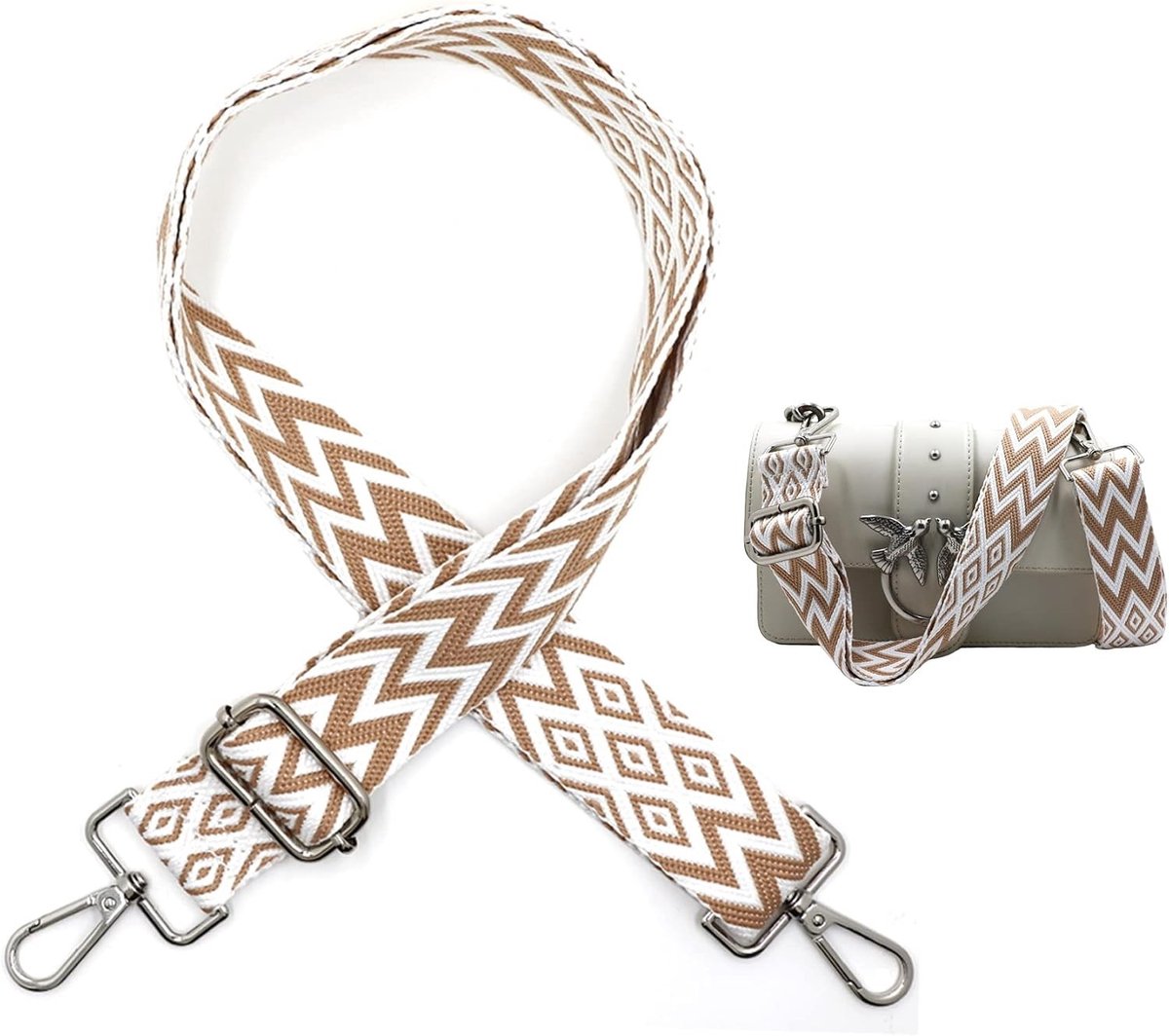 Verstelbare Schouderband voor Tassen, Breed 3.8 cm, Boho Stijl, 80-141 cm, Inclusief Karabijnhaak voor Schoudertassen en Handtassen (Wit met Bruin)