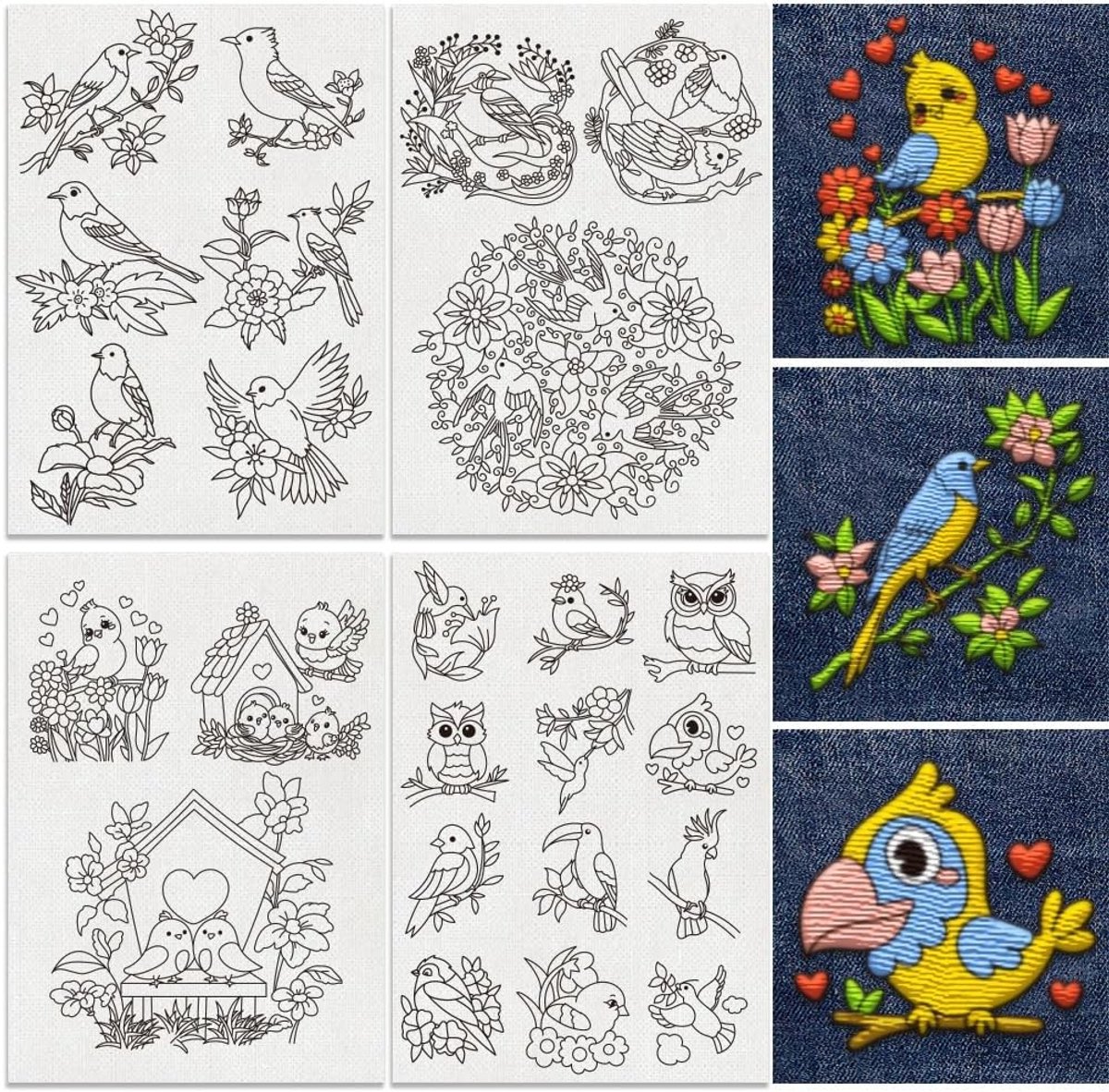 24 Stuks Wateroplosbare Borduurpatronen met Bloemen en Vogels, DIY Borduurstickers en Overdrachtspapier voor Handnaaien