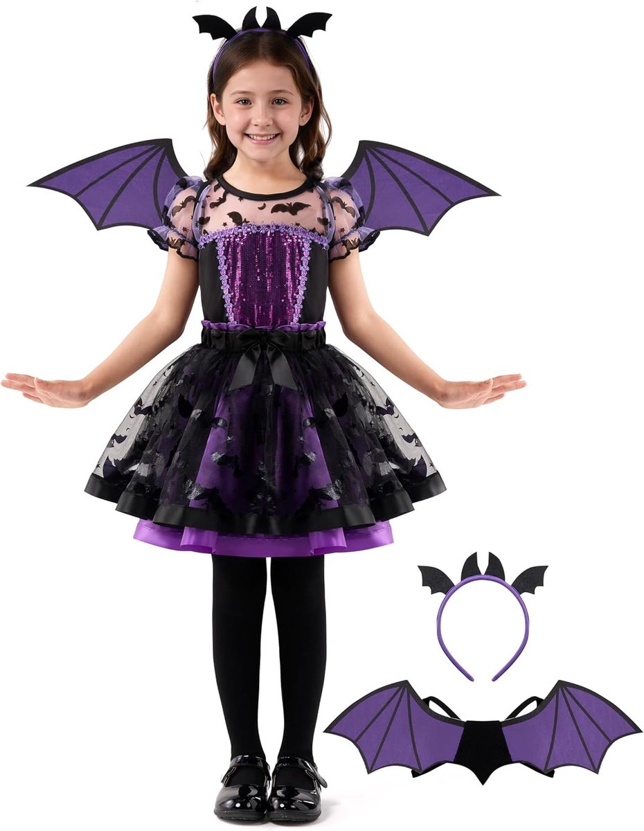 Paarse Bat Tutu Kostuum voor Meisjes - Halloween Outfit met Vleugels en Hoofdband voor Peuters en Kinderen