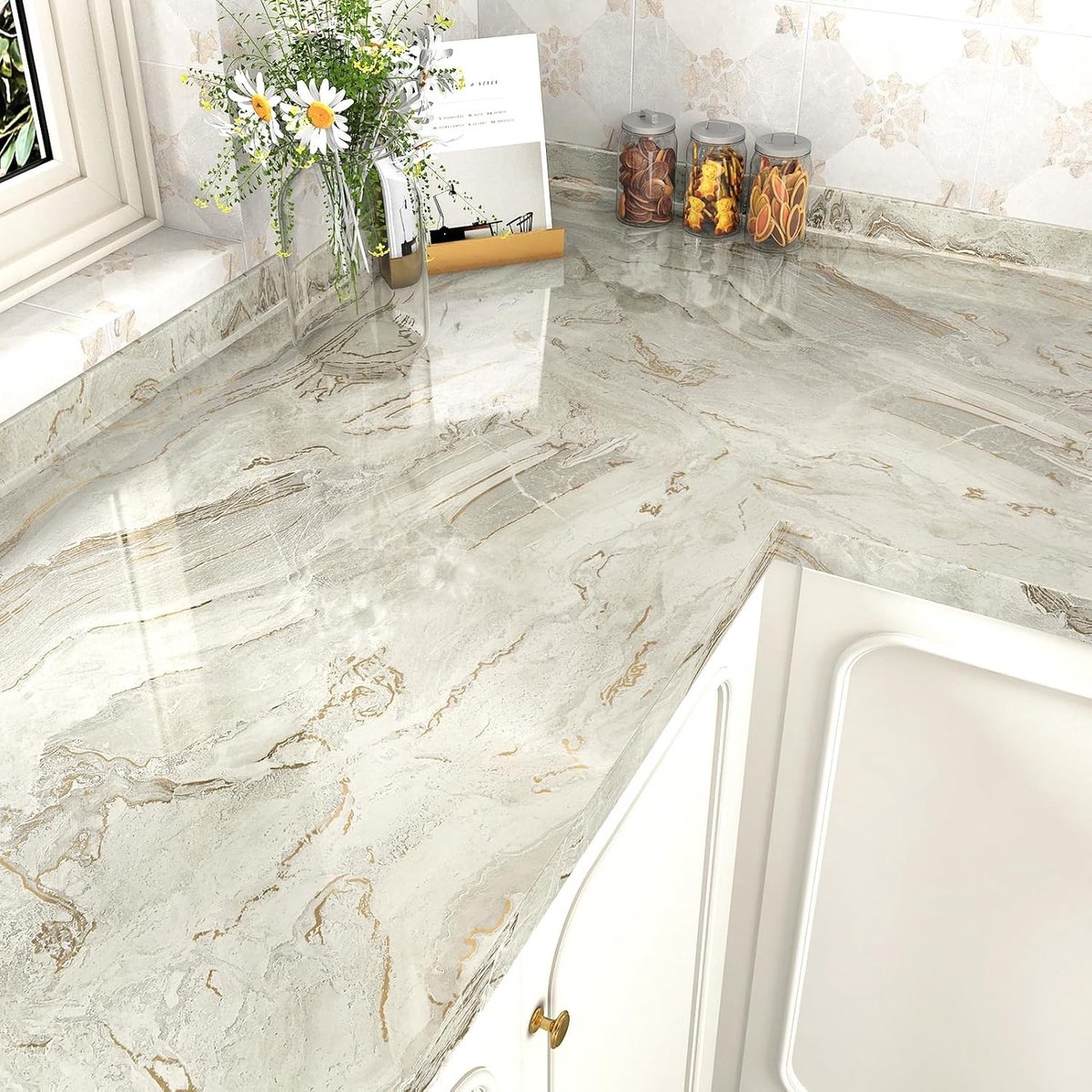 Beige marmer effect zelfklevend behang voor keukenkasten en meubels, wasbaar vinylfilm 60cm x 300cm