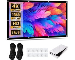 Projectiescherm 100 Inch – Opvouwbaar Projectiescherm 16:9 – Draagbaar Projectiescherm van Polyester, 221 × 125 cm – Projectorscherm met Zwarte Rand, 6 Haken en 2 Koorden – Filmscherm voor Thuisbioscoop, Camping en Buiten – Wit