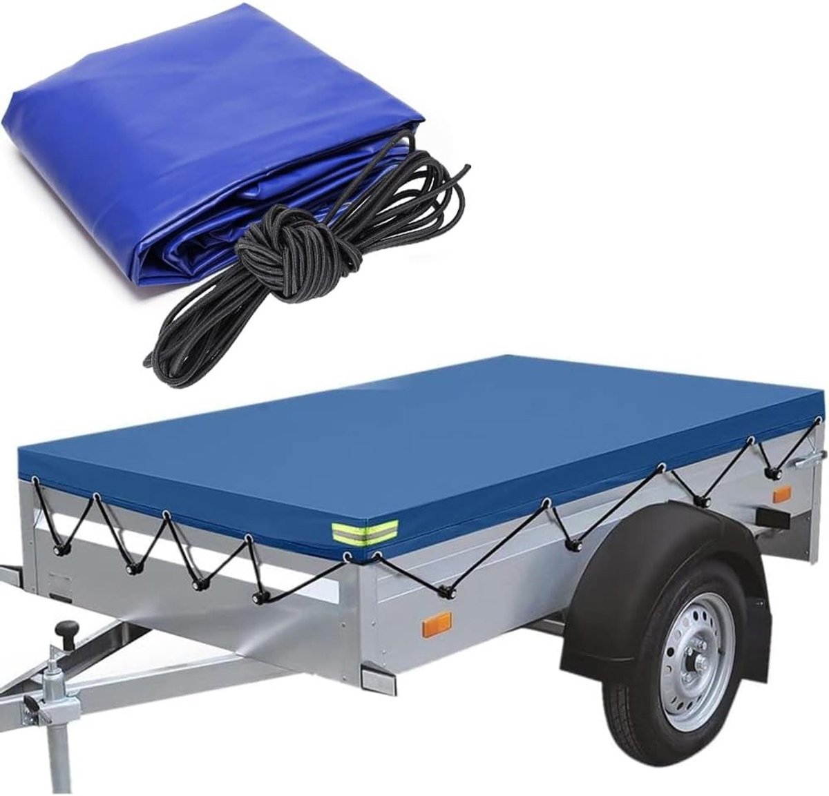 Flat zeildoek voor aanhangers, 209 x 115 x 10 cm, waterdicht, scheurbestendig met zeilkoord en reflecterende strepen voor optimale bescherming