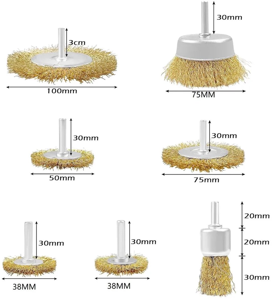 Een set van 7 metalen borstels Geschikt voor 6 mm boortjes, een houtreinigingsgereedschap dat roest, corrosie en verf verwijdert.