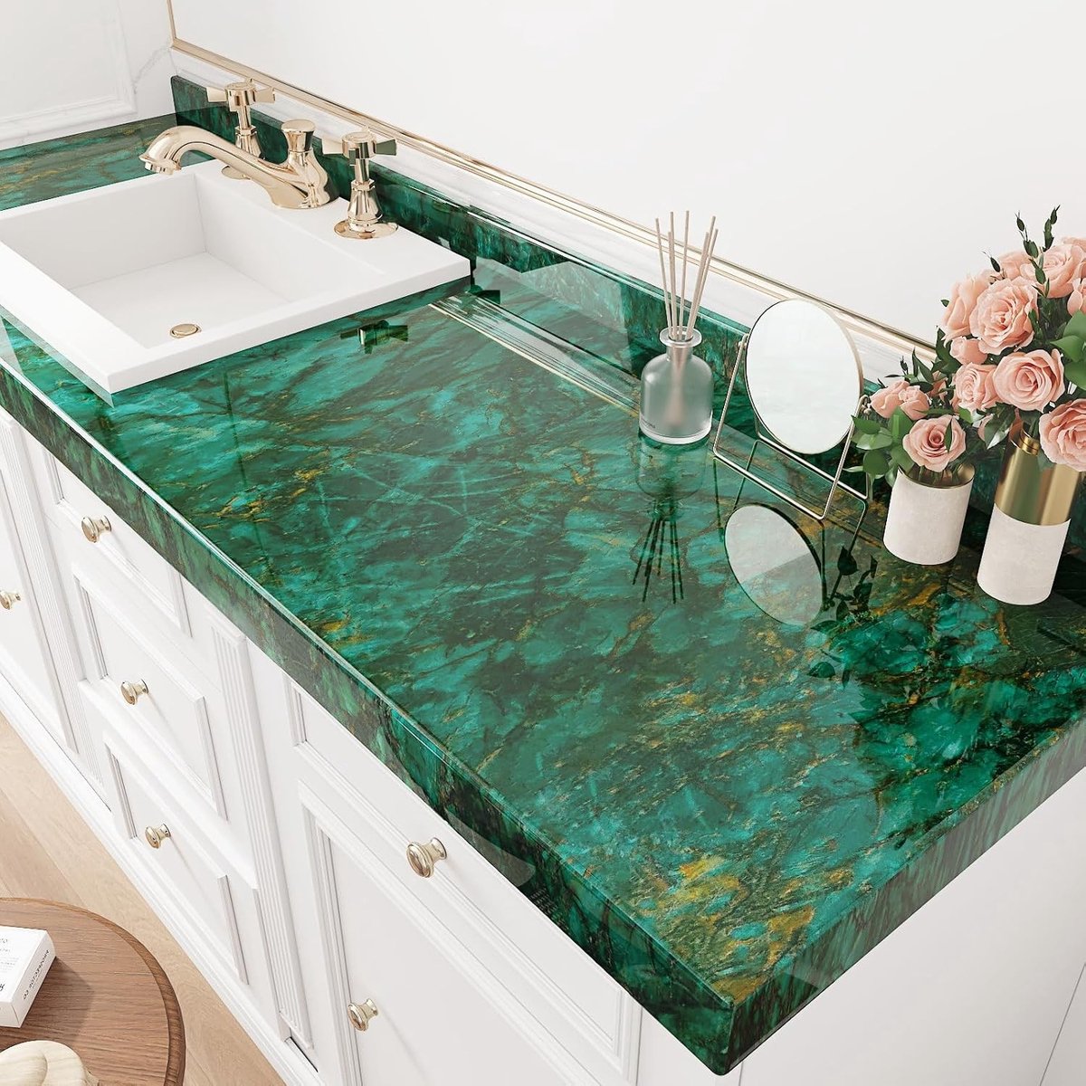 Glanzend groen marmer contactpapier voor meubels en keukenkasten - Zelfklevend, waterdicht vinyl, 40 x 200 cm, ideaal voor renovatie en decoratie