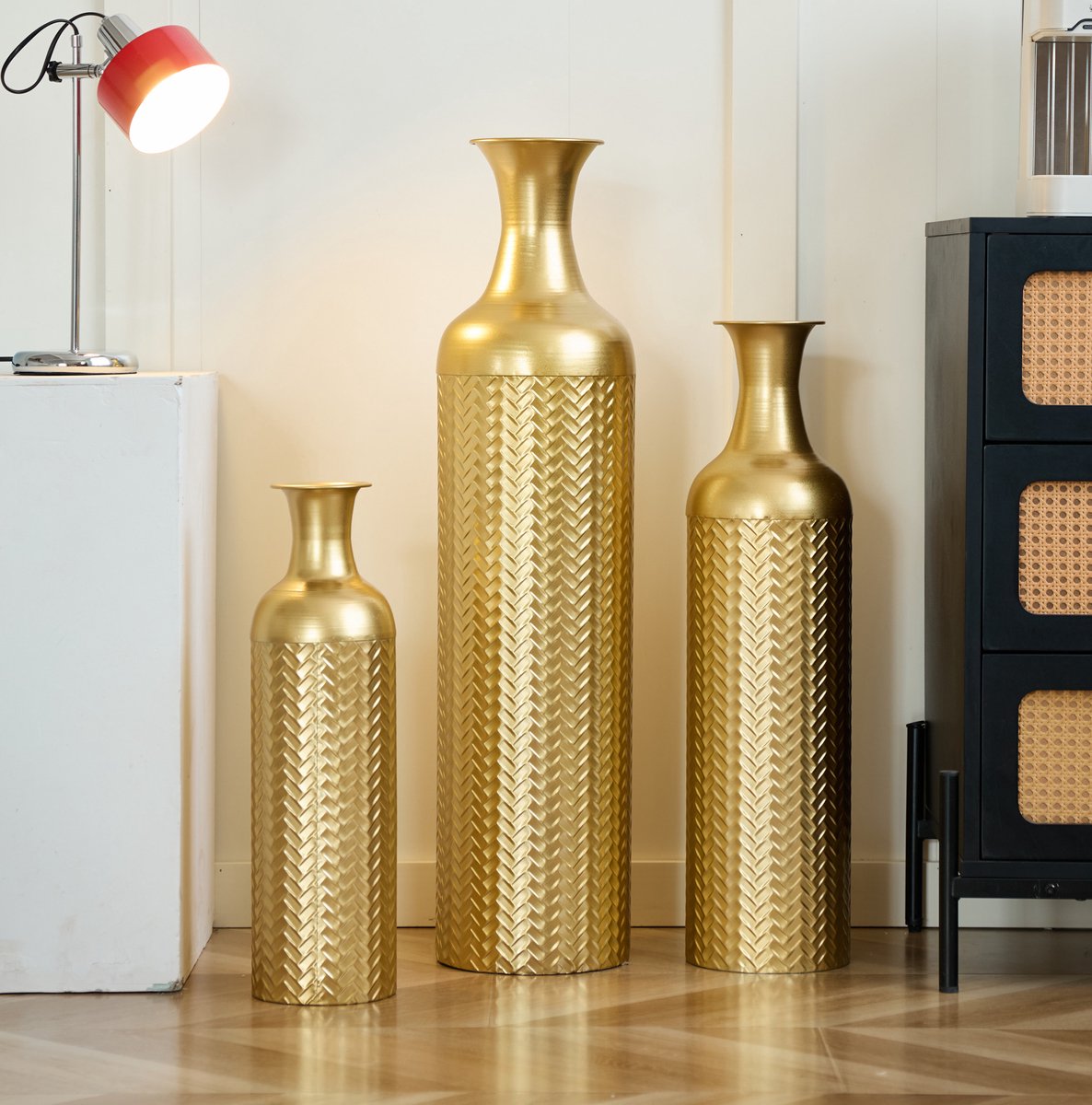 MODFU-Bodenvase-3-Delige Set-Goud-Structuurpatroon-Vintage-Woonkamer-Hal