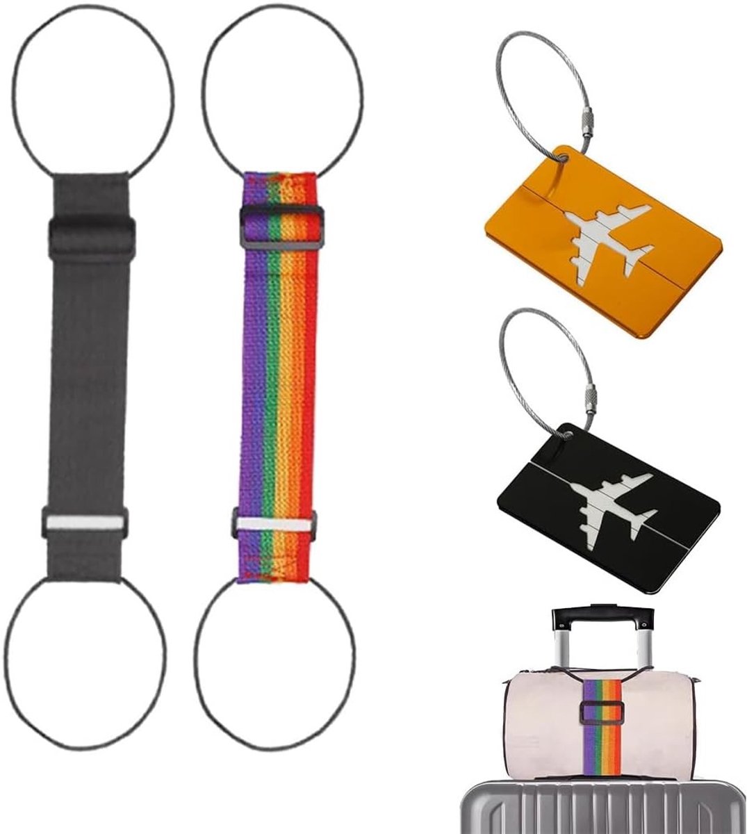 Set van 2 Koffersluitingen, Verstelbare Bagagestraps voor Veiligheid, Reisaccessoires met Etikethouders, Zwart en Goud