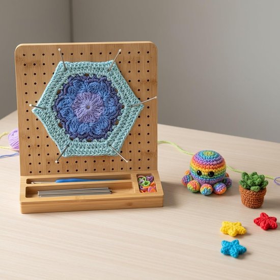 Haak- en breiprojectplank van bamboe, 19,8 cm groot haakblokbord voor Granny Square met 20 pennen en 1 haaknaald, ideaal voor creatief haken en breien — afbeelding 3