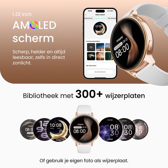 Gouden smartwatch met wit bandje, met 1.32 inch AMOLED scherm. Toont verschillende wijzerplaten en de mogelijkheid tot synchronisatie.