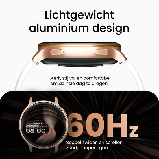 Close-up van de gouden smartwatch met wit bandje, met focus op het lichte aluminium design. Toont een 60Hz scherm.