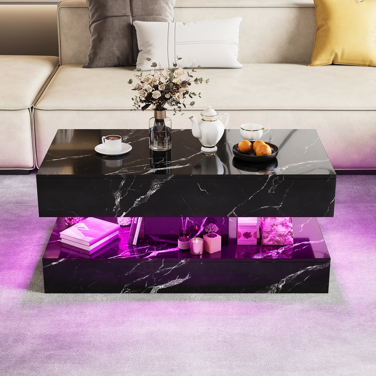Yelenaro Hoogglans Salontafel, koffietafel met LED-verlichting, Marmerlook, Moderne Salontafel met Open Planken, Geschikt voor Woonkamer en Kantoor, 100 x 50 x 45 cm, Zwart