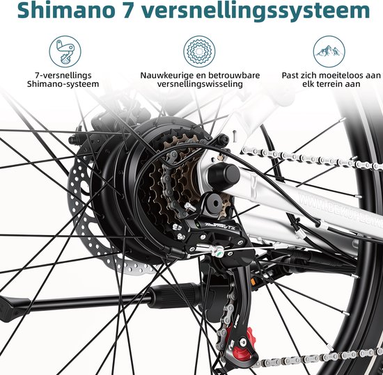 Elektrische fiets - Actieradius 80km - Verwijderbare batterij 36V13Ah - Motor 250W - Shimano 7 versnellingen - 26 Inch City Commuter EBike - Wit van Merkloos — afbeelding 3
