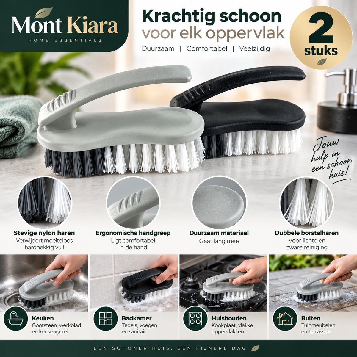 Mont Kiara Schrobborstel met Handvat – 2 Stuks – Harde Reinigingsborstel – Schoonmaakborstel voor Keuken, Badkamer, Tegels & Terras – Zwart & Grijs