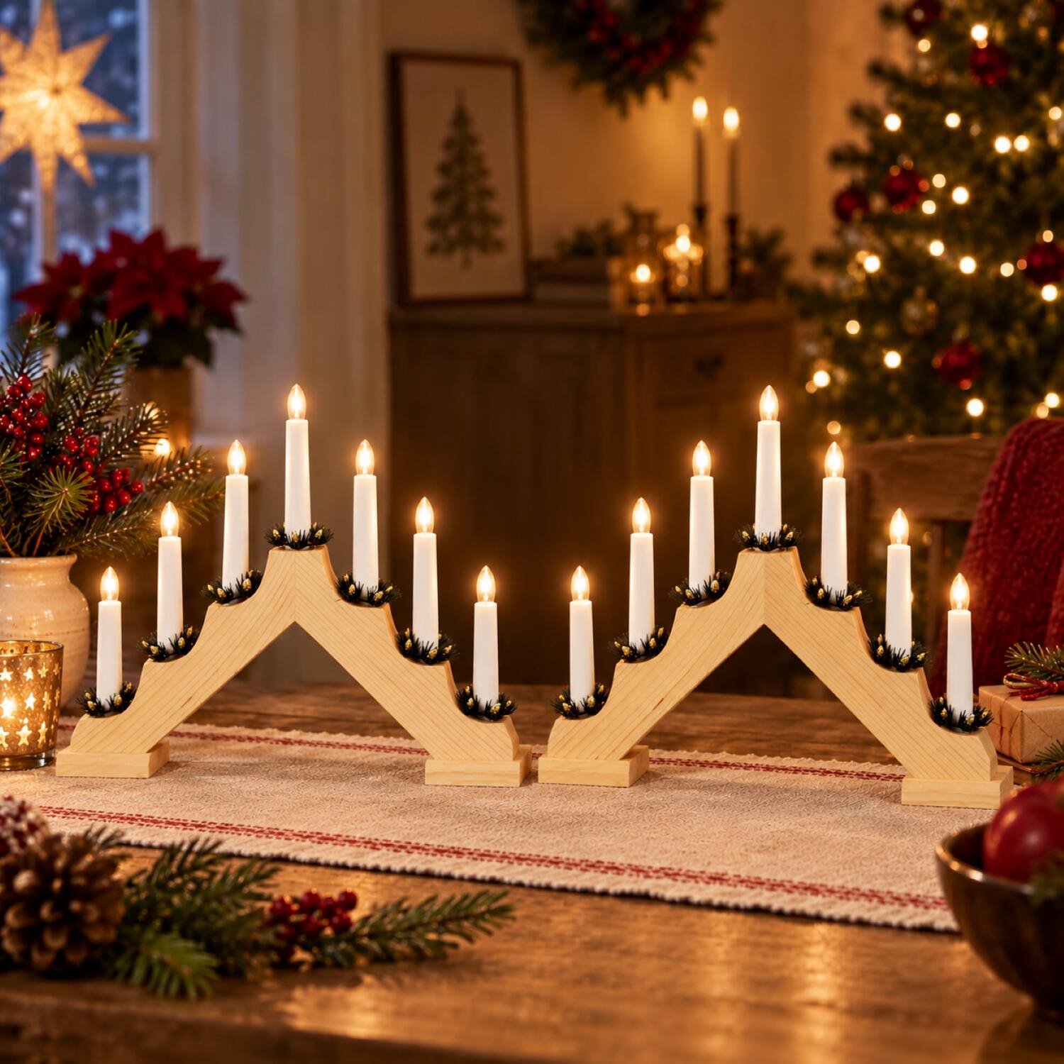 Konstsmide Kaarsenbrug - 2x - naturel - hout - met LED verlichting - 7 led lampjes - 38 x 30 x 5,5 cm - kandelaar - kerstkandelaar – foto 6