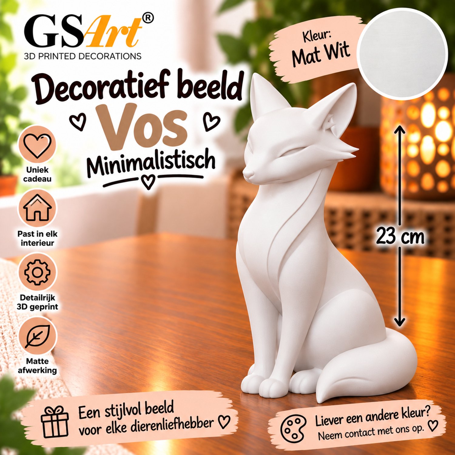 GSArt Decoratief Beeld Vos Minimalistisch 23 cm – 3D Geprint – Mat Wit
