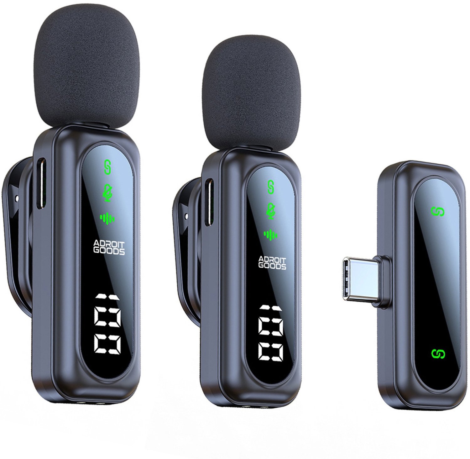 AdroitGoods Draadloze Microfoon Set - 2 Dasspeldmicrofoons - USB-C - Ruisonderdrukking - Lavalier - Met Display - Voor Smartphone, Vlogs en Interviews
