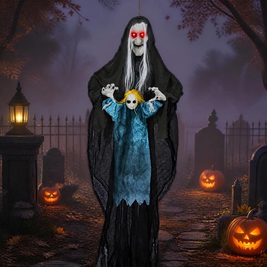 KOMFOTTEU Halloween Deko - 210 cm Hängehexe mit Licht & gruselig Sound - Hängedeko mit Geräuscherkennung - Gruselfigur mit beweglichen Armen - Outdoor Geist für Spukhaus & Garten