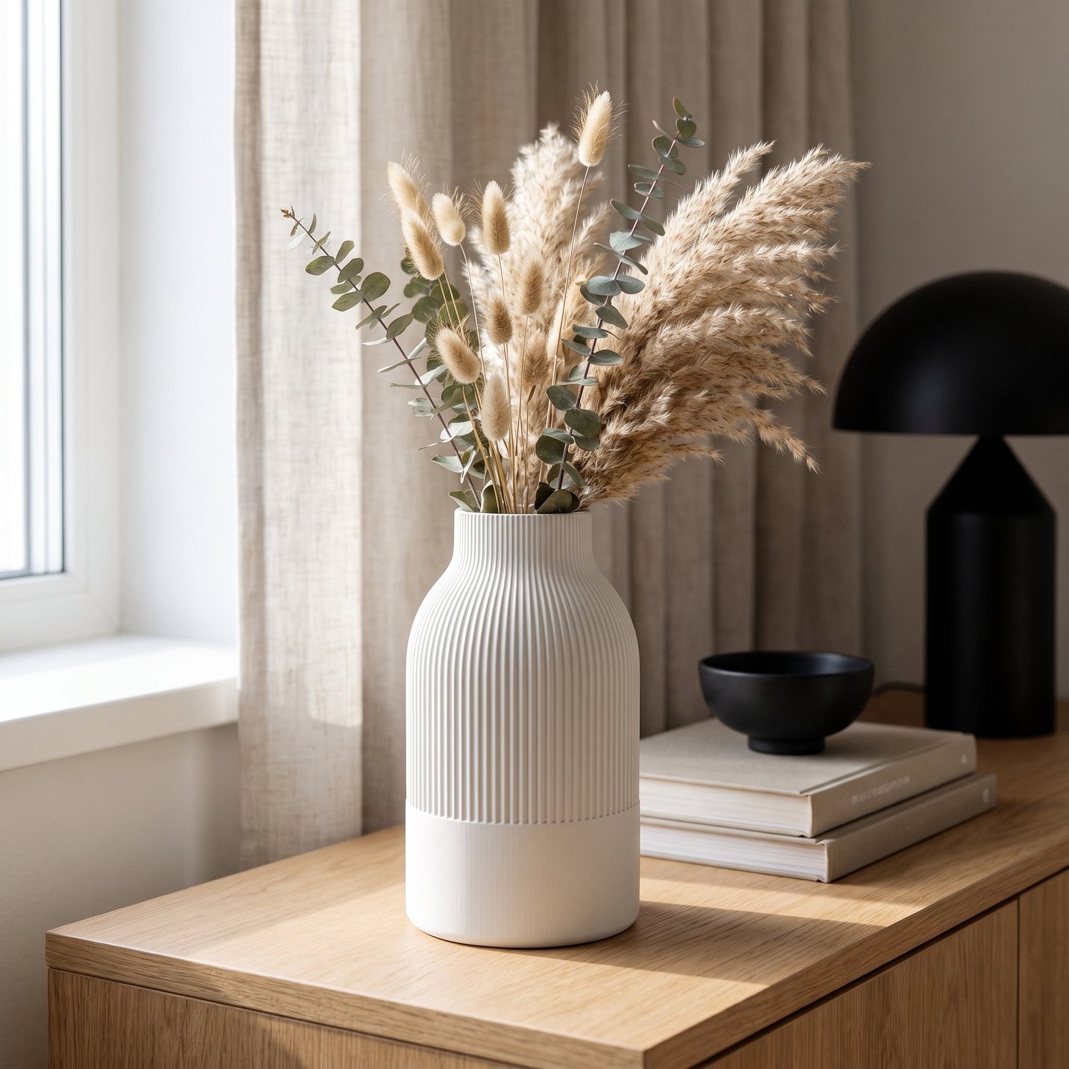 AUREA - Maison AUREA Japandi Vaas Wit – Geribbelde Bloemenvaas voor Droogbloemen – Mat Zwart Design – 17,5 cm