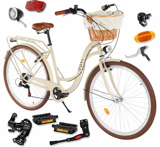 Crèmekleurige Davi Emma stadsfiets met bruine banden, rieten mand, bruin zadel en meegeleverde fietsaccessoires.