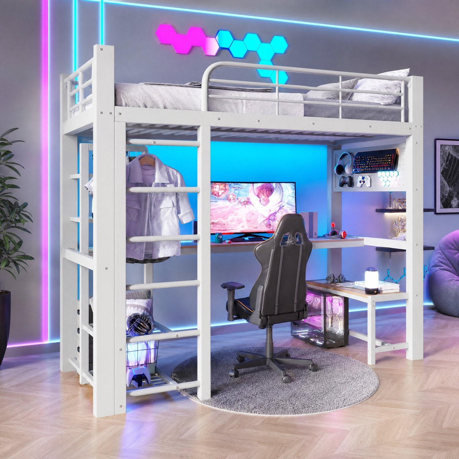 Wishdor Hoogslaper 90x200 cm - Met bureau en opbergruimte - LED-verlichting met appbediening - Veiligheidshek en trap - Jeugd- en kinderkamer - Metaal - Wit