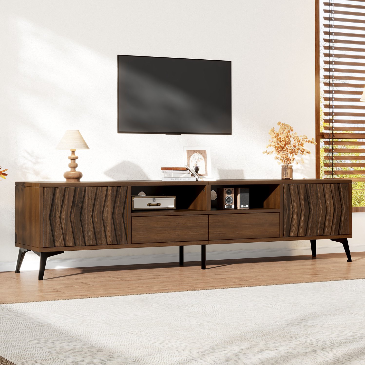 OKWISH TV-Meubel – 180 cm – 2 Deuren En 2 Lades – Open Vakken Met Kabeldoorvoer – Retro – Walnootkleurige Spaanplaat – Voor TV Tot 75 Inch