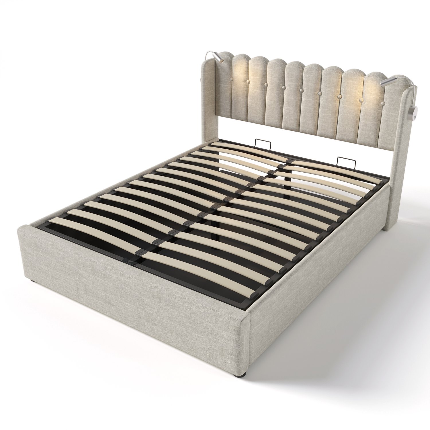 Gestoffeerd Tweepersoonsbed 160x200 - Met Opbergruimte En Opklapbare Lattenbodem - Leeslamp Met 2 USB-aansluitingen - Naturel Linnen