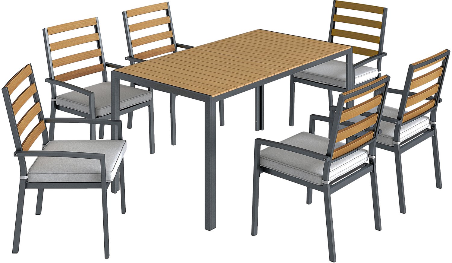 Sunona 7-delige tuinset - Met tafel en 6 stoelen met kussens - 146 x 80 x 74 cm - Donkergrijs/Natuur