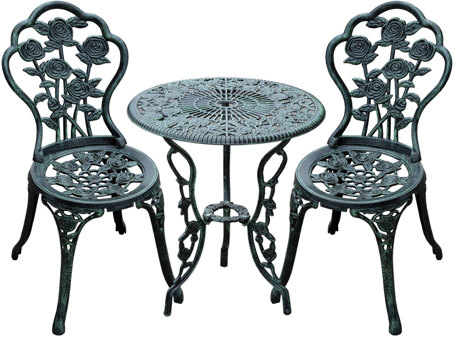 Sunona 3-delige bistrotuinset - Met parasolopening - Van gegoten aluminium - Stafel Ø60 x 69 cm en 2 stoelen 49 x 40 x 82 cm - Antiek groen