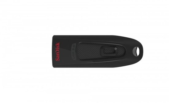 Zwarte SanDisk Cruzer Ultra USB 3.0 stick met een intrekbare USB-connector en oogje voor een sleutelhanger.