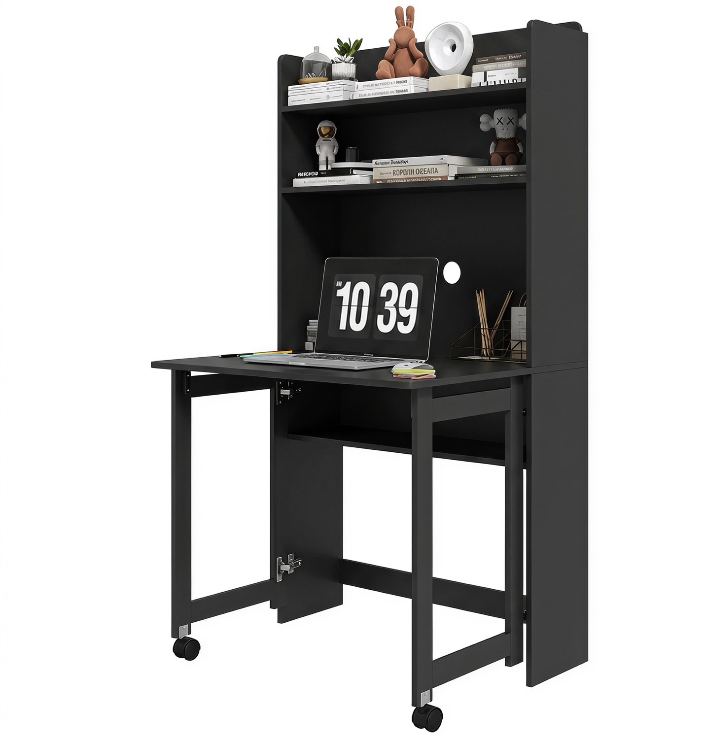 MUVANO Computerbureau met opklapbaar werkblad - Vier opbergplanken - MDF - 80 x 69 x 155 cm - Ruimtebesparend werken - Voor kleine slaapkamer en woonkamer - Zwart zawrt