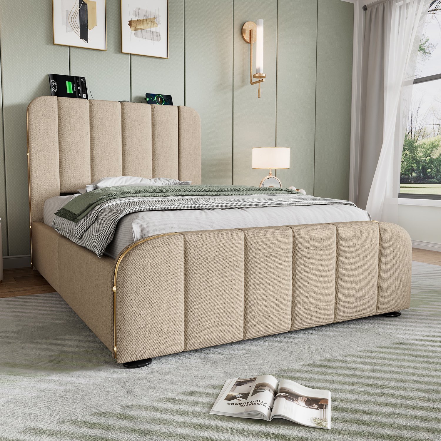 MUVANO Eenpersoonsbed 90x200 met matras - beige gestoffeerd bed met opbergruimte, USB-C, linnen bekleding en hydraulisch hefmechanisme
