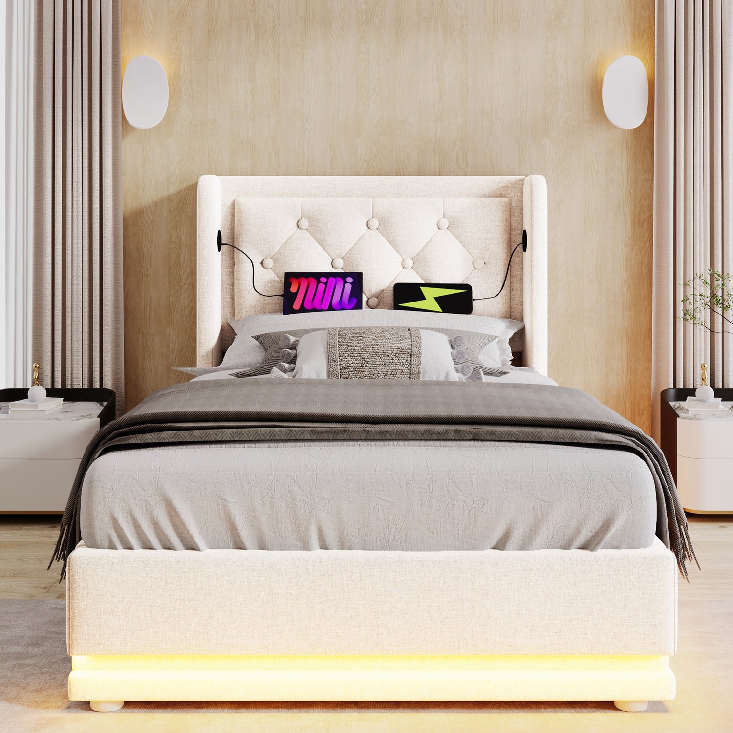 MUVANO Gestoffeerd eenpersoonsbed - Opbergbed met matras en hydraulische lift - Katoen - 90x200 cm - USB-C en ledverlichting - Slaapkamer beige