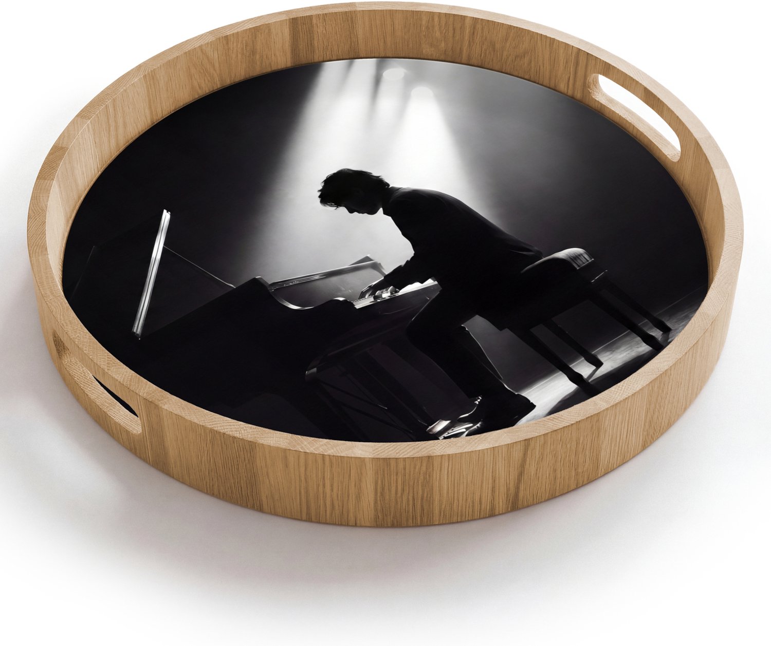 Dienblad rond 40x40 cm - Schootdienblad hout - Persoon - Piano - Muziek - Zwart-wit - Podium - Borrelplank rechthoek - Plateau houten dienbladen