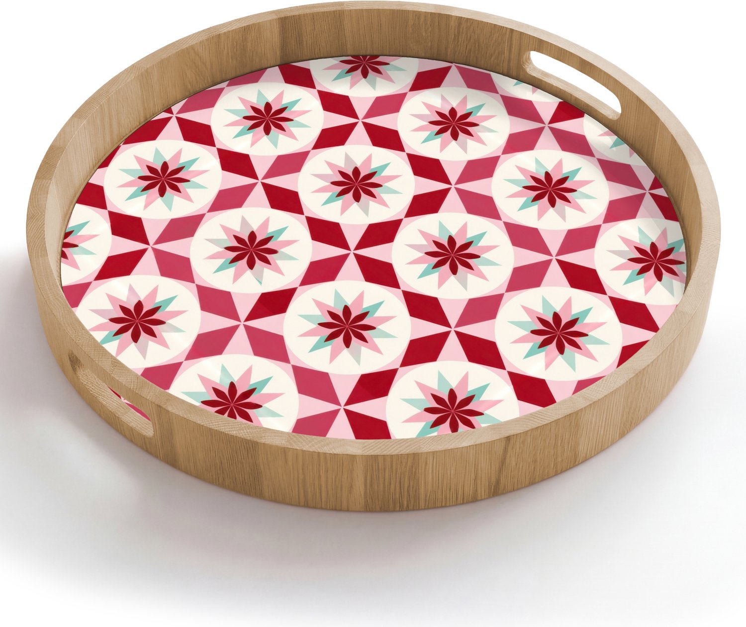 Dienblad rond 50x50 cm - Schootdienblad hout - Tegelpatroon - Sterren - Retro - Roze - Mintgroen - Borrelplank rechthoek - Plateau houten dienbladen