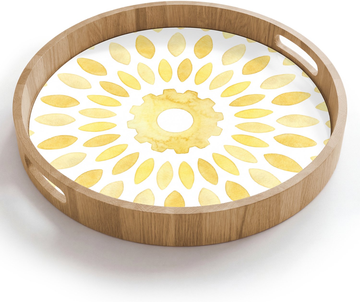 Dienblad rond 40x40 cm - Schootdienblad hout - Abstract - Geometrisch - Stralend - Geel - Borrelplank rechthoek - Plateau houten dienbladen