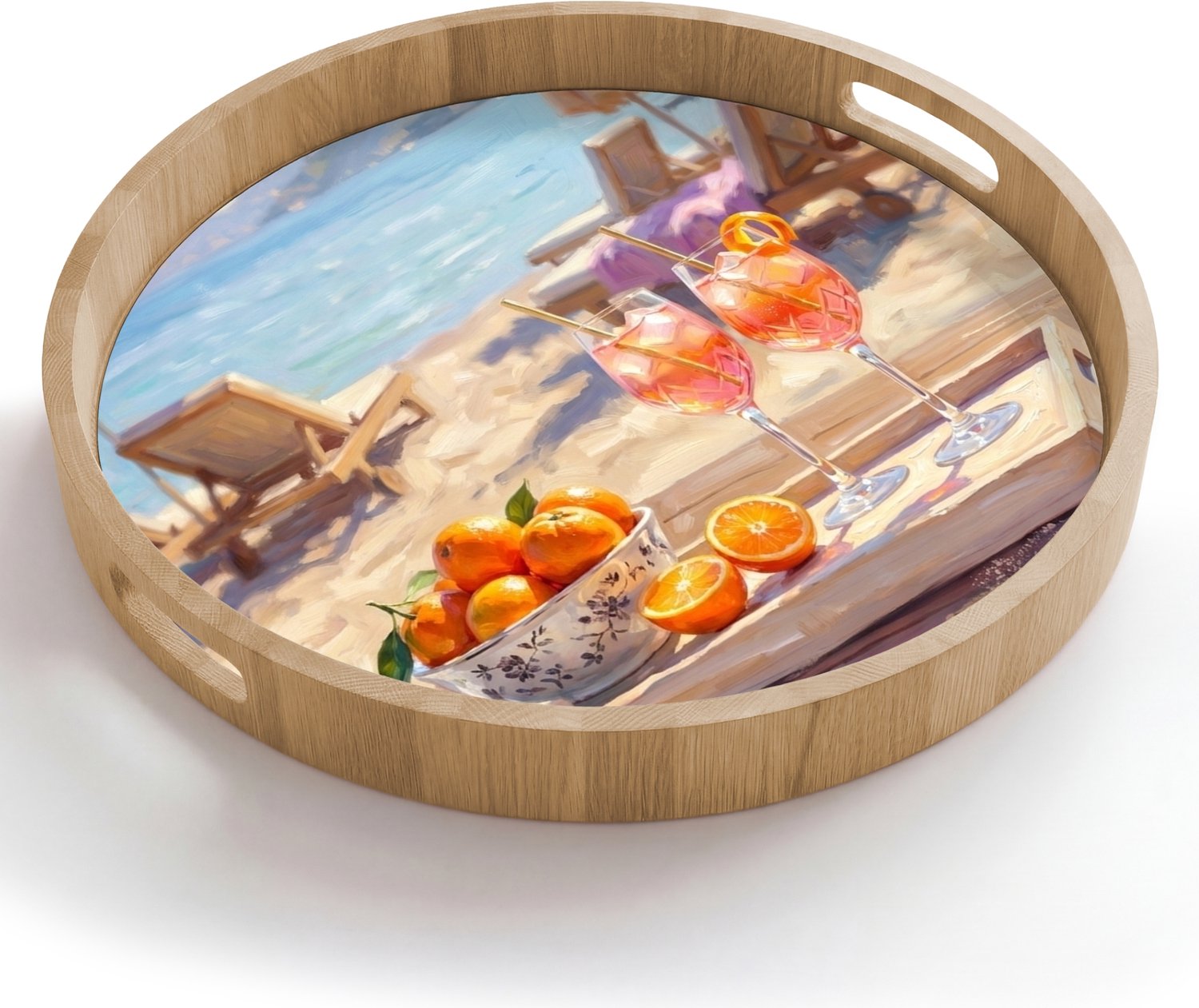 Dienblad rond 50x50 cm - Schootdienblad hout - Drank - Glazen - Strand - Zomer - Oranje - Borrelplank rechthoek - Plateau houten dienbladen
